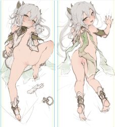 1girl ass blush bottomless cleft_of_venus commentary dakimakura_(medium) detached_sleeves dress female_focus flat_color full_body genshin_impact green_eyes hair_between_eyes hair_ornament half-closed_eyes hand_on_own_ankle holding_own_foot loli long_hair looking_at_viewer lying multiple_views nahida_(genshin_impact) naughty_face navel on_back on_stomach open_clothes open_dress pointy_ears pussy reien_fuukibu shoes side_ponytail sketch sleeveless sleeveless_dress smile socks stirrup_legwear toeless_legwear unworn_shoes unworn_socks waymay white_dress white_hair