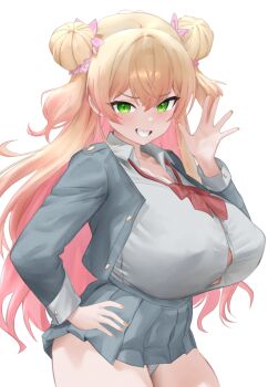 1girl arm_up blonde_hair blush bow bowtie breasts button_gap buttons cleavage collared_shirt colored_inner_hair commentary covered_erect_nipples cowboy_shot crossed_bangs d5y0m dated_commentary dot_nose double-parted_bangs double_bun english_commentary floating_hair flower gradient_hair green_eyes grey_jacket grey_shirt grin hair_bun hair_flower hair_intakes hair_ornament hand_on_own_hip high-waist_skirt highres hololive huge_breasts jacket long_hair looking_at_viewer loose_bowtie loose_hair_strand miniskirt momosuzu_nene multicolored_hair nail_polish open_clothes open_hand open_jacket orange_nails panties pink_flower pink_hair pleated_skirt red_bow red_bowtie school_uniform shirt shirt_tucked_in side_up_bun sidelocks simple_background skirt smile solo two-tone_hair two_side_up underwear v-shaped_eyebrows virtual_youtuber waving white_background white_panties