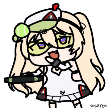 1girl :d animated animated_gif artist_name azur_lane bache_(azur_lane) bache_(showy_sports_star)_(azur_lane) blonde_hair chinese_commentary commentary_request dress fang glasses holding holding_tennis_racket long_hair looking_at_viewer lowres open_mouth purple_eyes racket seseren simple_background skirt smile solo sportswear tennis tennis_racket tennis_uniform twintails white_background white_dress white_skirt