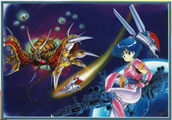 1990s_(style) 1girl absurdres akaishizawa_takashi arrow_flash blue_border blue_eyes blue_hair border copyright_name cover erx-75_luciphon game_console heart helmet highres holding holding_heart logo looking_at_viewer mecha non-web_source official_art planet retro_artstyle robot scan sega_mega_drive short_hair solo space spacecraft spacesuit starna_oval traditional_media unworn_headwear unworn_helmet video_game_cover