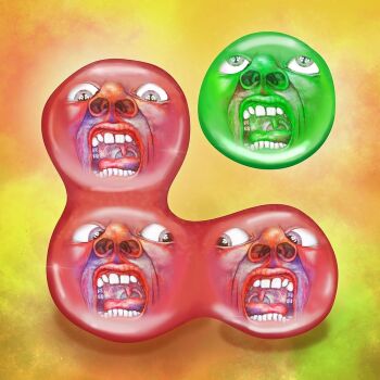 :o album_cover album_cover_redraw blue_eyes close-up colored_skin commentary_request cover creature crossover derivative_work distress green_skin hofman027 in_the_court_of_the_crimson_king king_crimson lips looking_at_another looking_down looking_up monster multiple_others no_humans nostrils open_mouth parody portrait puyo_(puyopuyo) puyopuyo realistic_teeth red_skin screaming slime_(creature) surreal teeth uvula veins what