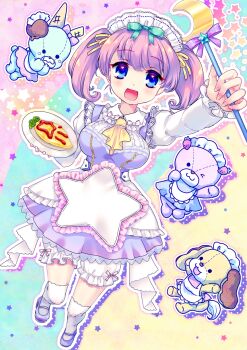 1girl :d amo_(shibu3) apron ascot bloomers blue_background blue_eyes blush breasts broccoli colorful_background commentary_request crescent dress eyeliner food frilled_apron frilled_shirt_collar frills heart heart_in_eye highres holding holding_plate holding_wand juliet_sleeves ketchup large_breasts long_sleeves maid maid_headdress makeup mary_janes omelet omurice open_mouth original pinafore_dress pink_background plate puffy_sleeves purple_dress purple_hair purple_shoes reaching reaching_towards_viewer red_eyeliner shirt shoes short_hair short_twintails sleeveless sleeveless_dress smile solo standing star_(symbol) stuffed_animal stuffed_dog stuffed_rabbit stuffed_toy symbol_in_eye teddy_bear thighhighs top_of_moe_2015 twintails twintails_day underwear waist_apron wand white_apron white_bloomers white_shirt white_thighhighs yellow_ascot yellow_background