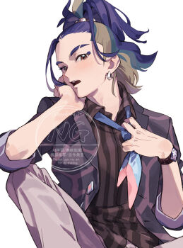 1boy adaman_(palentine's_2026)_(pokemon) adaman_(pokemon) adjusting_clothes adjusting_necktie black_shirt blue_hair blue_necktie blush collared_shirt commentary_request earrings eyebrow_cut green_hair hand_on_own_face jacket jewelry karakishi_it long_hair multicolored_hair necktie nintendo official_alternate_costume open_clothes open_jacket open_mouth pants pokemon pokemon_masters_ex ponytail shirt simple_background watch white_pants wristwatch