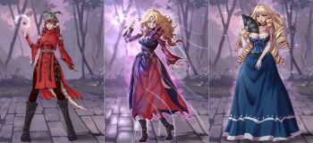 1girl absurdres arm_cutout au_ra aura black_boots black_choker black_pantyhose blonde_hair blue_dress blue_eyes boots breast_expansion breasts choker cleavage clothing_cutout collarbone commission creature_on_head dice dress drill_hair elf final_fantasy final_fantasy_xiv glowing green_eyes hair_behind_ear hand_fan highres holding holding_fan horns jacket large_breasts long_hair opcrom pantyhose pointy_ears quad_drills red_eyes red_hair red_jacket sequential smug sparkle surprised transformation very_long_hair warrior_of_light_(ff14)