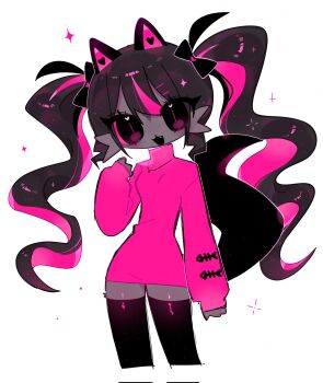 1018sus 1girl :3 :d animal_ears animal_nose arm_at_side black_bow black_eyes black_hair black_mouth black_tail black_thighhighs bow breasts brown_hair cat_ears cat_girl cat_tail center-flap_bangs colored_sclera commentary corrupted_twitter_file cropped_legs double-parted_bangs fang fewer_digits furry furry_female grey_fur hair_between_eyes hair_bow hair_ornament hairclip hand_up head_tilt heart heart_in_eye highres jewelry korean_commentary long_hair long_sleeves multicolored_hair necklace no_pants open_mouth original parallel_hairclips pink_hair pink_pupils pink_sclera pink_sweater puffy_long_sleeves puffy_sleeves sleeves_past_wrists slit_pupils small_breasts smile solo sparkle standing streaked_hair sweater symbol_in_eye tail thighhighs tsurime turtleneck turtleneck_sweater twintails very_big_eyes very_long_hair wavy_hair wide_hips