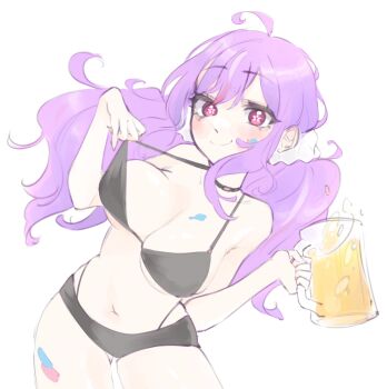 ahoge alcohol bandaid beer beer_mug bikini blair_labri_(artist) breasts cup gluteal_fold highres indie_virtual_youtuber large_breasts leotard midriff mono_monet mug navel purple_hair red_eyes short_shorts shorts swimsuit thong_leotard twintails underboob virtual_youtuber