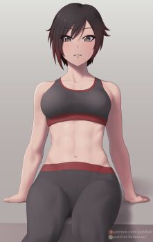 1girl arm_support bra breasts brown_eyes brown_hair collarbone gradient_hair grey_background grey_bra grey_pants hair_between_eyes highres leaning_back looking_at_viewer medium_breasts midriff multicolored_hair navel pants putcher ruby_rose rwby short_hair solo sports_bra stomach underwear watermark web_address
