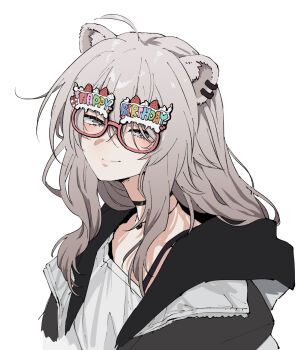 Rule 34 | 1girl, ahoge, animal ear piercing, animal ears, black bra, black choker, black jacket, blush, bra, bra strap, choker, closed mouth, commentary, grey eyes, grey hair, hair between eyes, half-closed eyes, henriiku (ahemaru), highres, hololive, hood, hooded jacket, jacket, jewelry, lion ears, long hair, looking at viewer, necklace, novelty glasses, official alternate costume, open clothes, open jacket, portrait, red-framed eyewear, shirt, shishiro botan, shishiro botan (midnight convenience store), sidelocks, simple background, smile, solo, underwear, virtual youtuber, white background, white shirt