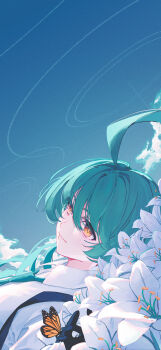 1girl absurdres ahoge black_gloves blue_archive bug butterfly collared_shirt eironeus flower gloves green_hair green_necktie highres insect long_hair lying necktie on_back on_ground shirt sky solo white_shirt yellow_eyes yume_(blue_archive)