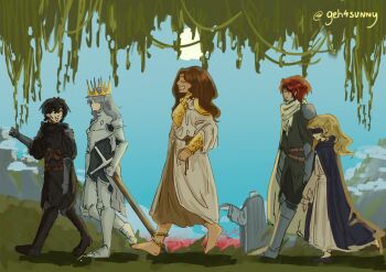 2boys 3girls arm_guards armor black_robe black_tunic blindfold blonde_hair blue_cloak breastplate cassie_(shadow_slave) cloak commentary crown day effie_(shadow_slave) english_commentary forest from_side full_body geh4sunny grin headless_statue highres kai_(shadow_slave) long_hair multiple_boys multiple_girls nature nephis_(shadow_slave) outdoors outstretched_hand plant red_hair robe scabbard shadow_slave sheath short_hair shoulder_armor smile statue sunny_(shadow_slave) tunic vines walking white_hair white_robe