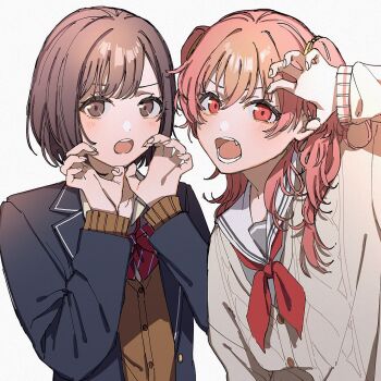2girls arm_at_side blazer blue_jacket blush bow bowtie brown_cardigan brown_eyes brown_hair cable_knit cardigan claw_pose collarbone collared_shirt crossed_bangs diagonal-striped_bow diagonal-striped_bowtie diagonal-striped_clothes dot_nose fang fingernails grey_shirt hair_between_eyes hair_ribbon hand_up hands_up hashtag-only_commentary highres iwawa jacket kamiyama_high_school_uniform_(project_sekai) lapels long_fingernails long_hair long_sleeves looking_at_viewer miyamasuzaka_girls&#039;_academy_school_uniform momoi_airi multiple_girls neckerchief notched_lapels open_clothes open_jacket open_mouth pink_eyes pink_hair project_sekai red_bow red_bowtie red_neckerchief ribbon sailor_collar school_uniform shinonome_ena shirt short_hair sidelocks simple_background striped_bow striped_bowtie striped_clothes swept_bangs teeth two_side_up upper_body white_background white_sailor_collar yellow_ribbon yellow_shirt