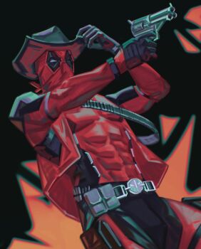 1boy arm_up bandolier belt black_gloves black_hat bodysuit commentary covered_abs covered_pectorals cowboy cowboy_hat cowboy_shot cowboy_western deadpool deadpool_(series) english_commentary gloves gun hand_on_own_hat hat highres holding holding_gun holding_weapon impossible_clothes jacket looking_ahead male_focus marvel no_pupils one_eye_closed open_clothes open_jacket outstretched_arm pectorals red_jacket solo sunnnliwx weapon western