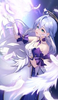1girl :d absurdres amaneko_(amaneko_y) aqua_eyes bare_shoulders bead_bracelet beads blue_hair bracelet choker commentary cowboy_shot detached_sleeves dress feathers gloves hair_intakes highres honkai:_star_rail honkai_(series) jewelry long_hair open_mouth purple_choker robin_(honkai:_star_rail) short_sleeves smile solo standing strapless strapless_dress very_long_hair white_dress white_gloves