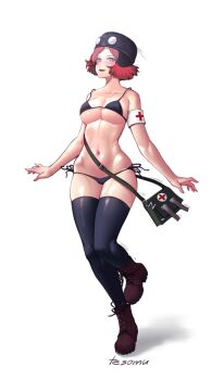 Rule 34 | 1girl, bikini, black bikini, black panties, black thighhighs, blush, bob cut, boots, breasts, brown shoes, buhanka-chan, cross, full body, green bag, helmet, humanization, leather, leather boots, looking at viewer, navel, open mouth, original, panties, red cross, red eyes, red hair, russo-ukrainian war, shoes, short hair, simple background, small breasts, smile, solo, standing, stomach, swimsuit, tesomu, thighhighs, underwear, white background, z (russian symbol)