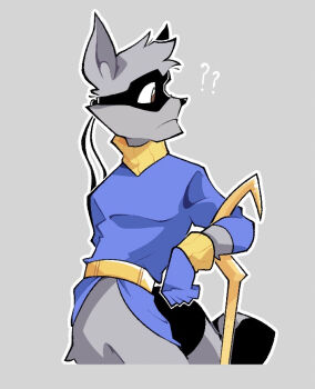 1boy ? ?? animal_ears black_fur blue_shirt closed_mouth furry furry_male grey_background grey_fur hashtag-only_commentary leaning_on_weapon looking_to_the_side male_focus multicolored_fur raccoon_boy raccoon_ears raccoon_tail shirt sly_cooper sly_cooper_(series) tail taxiflan