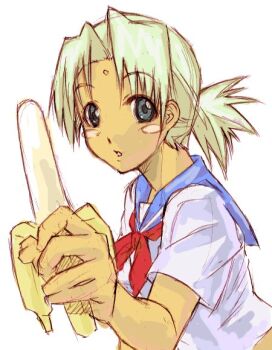 1girl banana bindi blush_stickers dark-skinned_female dark_skin female_focus food foreshortening fruit haruka_shiya holding holding_food holding_fruit kaolla_su love_hina school_uniform serafuku sexually_suggestive simple_background sketch solo