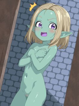 1girl absurdres aqua_skin blush cleft_of_venus colored_skin completely_nude covering_breasts covering_privates demon_girl dragon_ball dragon_ball_daima embarrassed flat_chest highres loli looking_at_viewer navel nude pansy_(dragon_ball_daima) pointy_ears purple_eyes pussy rpca solo standing surprised voyeur_pov walk-in white_hair
