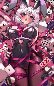 1girl absurdres ace_(playing_card) ace_of_hearts animal_ears arms_behind_back auraaa bare_shoulders bdsm black_leotard black_pantyhose blue_eyes blurry blurry_foreground blush bondage bound bow bowtie breasts card chest_harness clothing_cutout covered_navel cowboy_shot cutout_above_navel detached_collar eight_of_clubs facial_mark fake_animal_ears five_of_diamonds five_of_hearts harness heart heart_cutout highres large_breasts leotard lorel_(auraaa) medium_hair necktie original pantyhose pink_bow pink_bowtie pink_necktie pink_pupils playboy_bunny playing_card rabbit_ears rabbit_hole_(vocaloid) seven_of_clubs solo strapless strapless_leotard teardrop_facial_mark ten_of_hearts white_hair