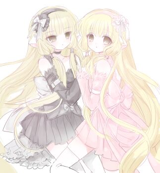 2girls black_dress black_hairband blonde_hair brown_eyes chii chobits closed_mouth cowboy_shot detached_sleeves dress expressionless floating_hair freya_(chobits) frilled_dress frills hairband highres holding_hands long_sleeves looking_at_another looking_at_viewer low_twintails mipi_(u3u_00) multiple_girls pink_dress pink_hairband robot_ears robot_girl short_hair simple_background sketch sleeves_past_fingers sleeves_past_wrists thighhighs twintails very_short_hair white_background white_thighhighs