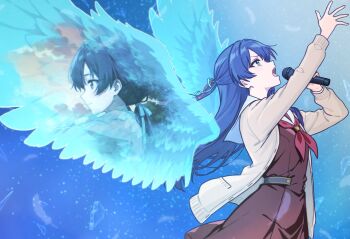 1girl arms_up blue_eyes blue_hair blue_wings brown_cardigan brown_dress cardigan commentary_request dress feathered_wings hajimari_no_haneoto half_updo hasu_no_sora_school_uniform holding holding_microphone link!_like!_love_live! long_hair long_sleeves looking_up love_live! maro_(yuhomaro) medium_dress microphone multiple_views murano_sayaka music neckerchief open_cardigan open_clothes pleated_dress profile red_neckerchief sailor_collar sailor_dress school_uniform singing virtual_youtuber white_sailor_collar wings winter_uniform