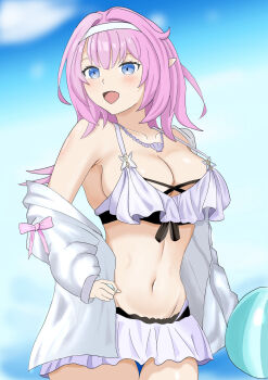 1girl absurdres bikini bikini_skirt blue_eyes blue_sky breasts cannon_(user_kwzw2733) cleavage commentary_request elf elysia_(honkai_impact) elysia_(miss_pink_elf)_(honkai_impact) elysia_(summer_miss_elf)_(honkai_impact) hairband highres honkai_(series) honkai_impact_3rd jacket jewelry large_breasts long_hair navel necklace official_alternate_costume open_mouth pink_hair pointy_ears shell shell_necklace sky smile solo stomach swimsuit thighs very_long_hair white_bikini white_hairband white_jacket