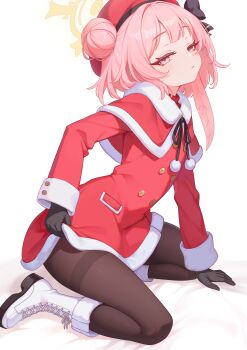 1girl absurdres ankle_boots bed_sheet beret black_bow black_gloves black_pantyhose blue_archive blunt_bangs boots bow buttons capelet closed_mouth clothes_lift commentary double-breasted dress dress_lift eyelashes feather_hair fine_fabric_emphasis full_body fur-trimmed_capelet fur_trim gloves hair_bun hair_intakes half-closed_eyes halo hat hat_bow highres lace-up_boots lifting_own_clothes light_smile linhangwei long_sleeves looking_at_viewer official_alternate_costume official_alternate_hairstyle pantyhose pink_eyes pink_hair pom_pom_(clothes) red_capelet red_dress red_hat santa_costume santa_dress serina_(blue_archive) serina_(christmas)_(blue_archive) simple_background single_hair_bun single_side_bun sitting solo thighband_pantyhose tsurime wariza white_background white_boots yellow_halo