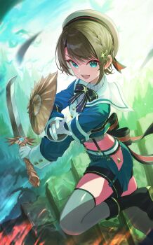 1girl :d absurdres aqua_eyes arm_shield armband atatatatame01 back_bow black_boots black_bow black_bowtie black_hair black_panties blue_jacket blue_shorts blurry blurry_background boots bow bowtie braid brooch clothing_cutout commentary_request cropped_jacket cropped_shirt gloves gold_buttons grey_hat grey_shirt grey_thighhighs hair_ornament hairclip hat highres hip_vent holding holding_sword holding_weapon hololive jacket jewelry lace lace-trimmed_panties lace_trim large_bow long_sleeves looking_at_viewer official_alternate_costume official_alternate_hairstyle oozora_subaru oozora_subaru_(suspenders) open_mouth panties panty_peek pinstripe_pattern pinstripe_shirt sailor_hat shirt short_hair shorts side_braid sleeve_cuffs smile solo star_(symbol) star_brooch star_hair_ornament suspenders swept_bangs sword thighhighs underwear v-shaped_eyebrows virtual_youtuber weapon white_gloves