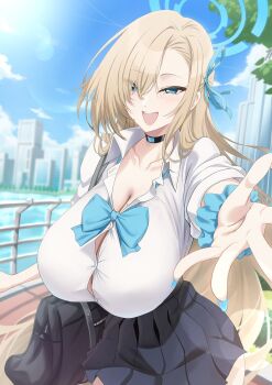 1girl alternate_breast_size_(larger) asuna_(blue_archive) asuna_(school_uniform)_(blue_archive) asymmetrical_bangs bag black_skirt blonde_hair blue_archive blue_bow blue_bowtie blue_eyes blue_halo blue_ribbon blue_scrunchie blue_sky bow bowtie breasts building button_gap choker cloud collared_shirt commentary_request day dress_shirt hair_over_one_eye halo highres huge_breasts long_hair looking_at_viewer miniskirt outdoors outstretched_hand partially_unbuttoned pleated_skirt railing ribbon school_bag school_uniform scrunchie shirt skirt sky skyscraper sleeves_rolled_up solo suigetu26 very_long_hair water white_shirt wrist_scrunchie