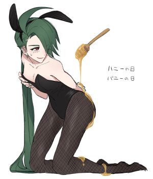1girl ahoge androgynous animal_ears asymmetrical_bangs basashioec black_leotard black_pantyhose bright_pupils collarbone ear_piercing earrings fake_animal_ears fake_tail food_on_ass food_on_body food_on_legs green_hair highres honey honey_dipper jewelry leotard long_hair md5_mismatch nintendo pantyhose piercing playboy_bunny pokemon pokemon_sv ponytail rabbit_ears rabbit_tail red_eyes resolution_mismatch reverse_trap rika_(pokemon) solo source_smaller strapless strapless_leotard sweatdrop tail translation_request triangle_earrings white_pupils