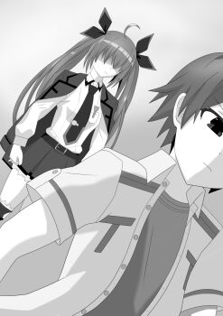 1boy 1girl ahoge belt clenched_hands date_a_live eyes_in_shadow frown gradient_background greyscale hair_ribbon itsuka_kotori itsuka_shido jacket long_hair long_sleeves monochrome necktie open_clothes open_jacket rayos ribbon shirt skirt thighhighs twintails