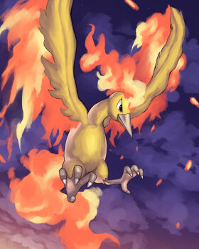 Rule 34 | absurdres, beak, bird, cloud, fiery tail, fiery wings, fire, flying, full body, gen 1 pokemon, highres, jira (ziraiya26), legendary pokemon, moltres, night, nintendo, no humans, pokemon, pokemon (creature), sky, tail, talons, wings