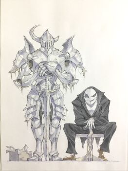 2boys armor armored_shoes black_pants black_shirt breastplate broken_horn brown_shoes cane coattails commentary counter cuisses fake_horns faulds full_armor full_body gauntlets gloves greaves hands_on_hilt helmet highres holding holding_cane horned_helmet horns male_focus mask moss multiple_boys original own_hands_together pants pauldrons peter_salt poleyn rerebrace shirt shoes shoulder_armor sitting stool sword tailcoat traditional_media visor_(armor) weapon white_gloves white_shirt