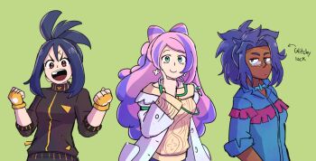 Rule 34 | 3girls, arrow (symbol), black hair, black jacket, blue hair, blue shirt, breasts, brown eyes, clenched hands, closed mouth, collared shirt, commentary, dark-skinned female, dark skin, dendra (pokemon), earrings, eggtempest, english commentary, english text, eyelashes, finger to cheek, fingerless gloves, glasses, gloves, green background, green eyes, hair intakes, jacket, jewelry, long hair, long sleeves, messy hair, miriam (pokemon), multicolored hair, multiple girls, nintendo, open clothes, open jacket, open mouth, pink hair, pink sweater, pokemon, pokemon sv, ponytail, purple eyes, purple hair, raifort (pokemon), scar, scar on face, scar on forehead, shirt, short sleeves, sidelocks, simple background, smile, stethoscope, sweater, teeth, track jacket, two-tone hair, upper body, upper teeth only, v-shaped eyebrows, white background, yellow-framed eyewear, yellow gloves