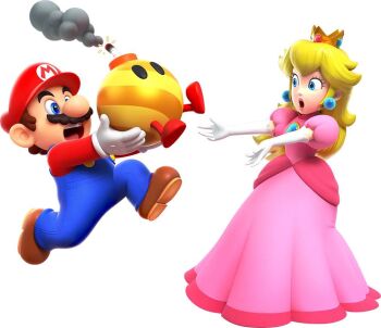 1boy 1girl blonde_hair blue_eyes bomb brown_hair crown dress earrings explosive facial_hair full_body gloves hat jewelry long_hair looking_at_another mario mario_(series) mustache nintendo official_art open_mouth overalls pink_dress princess_peach running super_mario_bros._wonder surprised