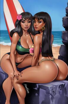 2girls ass beach bikini black_hair blue_bikini blue_sky breasts brian_miroglio brown_eyes chel_(el_dorado) crossover day earrings flower green_bikini hair_flower hair_ornament hibiscus highres jewelry large_breasts lilo_&amp;_stitch long_hair looking_at_viewer looking_back multicolored_bikini multiple_girls nani_pelekai navel outdoors pink_flower pink_tube_top sand signature sitting sky strapless striped_bikini striped_clothes surfboard swimsuit the_road_to_el_dorado tube_top two-tone_bikini two-tone_tube_top water white_tube_top