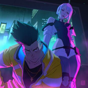 1boy 1girl backlighting belt black_hair black_shirt blue_leotard bob_cut breasts cigarette cityscape clothing_cutout covered_navel cropped_jacket cyberpunk:_edgerunners cyberpunk_(series) cyberpunk_2077 david_martinez david_tako groin highleg highleg_leotard highres hip_vent inverted_bob jacket jewelry leotard light_frown looking_at_viewer lucy_(cyberpunk) medium_breasts multiple_necklaces necklace off_shoulder open_clothes open_jacket pendant pink_light rain shirt shorts sidelocks signature skin_tight sleeves_rolled_up smoke smoking spiked_hair thighhighs undercut v-neck white_jacket white_shorts window yellow_jacket