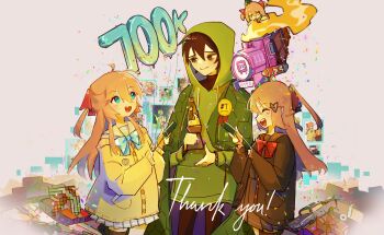 1boy 2girls :> :d ahoge animal animal_on_head asymmetrical_legwear award_ribbon axe bags_under_eyes balloon black_cardigan black_hair black_pants black_sailor_collar black_serafuku black_shirt black_skirt black_thighhighs blue_bow blue_bowtie blue_eyes blue_skirt bow bowtie broken_heart broken_heart_hair_ornament burning cardigan character_doll cloak closed_eyes closed_mouth confetti cowboy_shot doll drawstring evil_neuro-sama floating_screen gift green_cloak green_eyes green_hoodie grey_background hair_ribbon heart hexagon_print highres holding holding_party_popper hood hood_up hoodie jitome lava_lamp light_blush long_hair looking_at_another minecraft miniskirt multiple_girls neuro-sama nostyx_x off-shoulder_cardigan on_head open_mouth pants party_popper pleated_skirt pocket raised_eyebrows red_bow red_bowtie red_ribbon release_celebration ribbon sailor_collar school_uniform serafuku shirt sidelocks skirt smile standing teeth thank_you thighhighs toy_car train turtle turtleneck twitch.tv two_side_up upper_teeth_only vedal987 vedal_ai yellow_cardigan