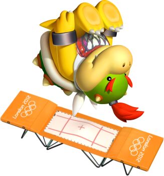 1boy 2012_summer_olympics 3d animal_feet animal_hands arms_at_sides bandana bandana_around_neck black_eyes blank_eyes bowser_jr. child claws closed_mouth colored_skin english_text fang fang_out feet forked_eyebrows full_body furry furry_male green_skin hair_tie highres horns legs_together lizard_tail male_focus mario_&amp;_sonic_(series) mario_&amp;_sonic_at_the_london_2012_olympic_games mario_(series) midair multicolored_skin nintendo official_art olympic_rings olympics pawpads red_hair reptile_boy short_hair simple_background solo spiked_shell tail thick_eyebrows third-party_source topknot trampoline transparent_background upside-down v-shaped_eyebrows yellow_horns yellow_skin