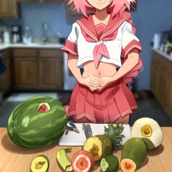 1boy absurdres astolfo_(fate) astolfo_(sailor_paladin)_(fate) crossdressing crossdressing_(mtf) cutting_board fate/grand_order fate_(series) food fruit highres implied_masturbation khyle. kitchen kitchen_knife knife midriff pink_hair short_hair skirt smile solo trap