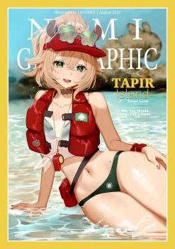 1girl animal_ears arm_support artist_name bikini border breasts brown_hair commentary cover crossed_bangs dated day english_commentary english_text eyewear_on_headwear fake_magazine_cover fingernails green_bikini green_eyes hair_between_eyes hand_on_own_thigh hat highres indie_virtual_youtuber life_vest long_fingernails looking_at_viewer lucidsky magazine_cover mole nail_polish national_geographic navel nimi_nightmare nimi_nightmare_(lifeguard) ocean official_alternate_costume open_mouth outdoors pouch red_hat red_nails see-through_clothes see-through_shirt shirt sitting smile solo star-shaped_eyewear star_(symbol) sunglasses swimsuit tank_top tapir_ears tapir_girl tied_shirt virtual_youtuber visor_cap water water_drop wet whistle whistle_around_neck white_tank_top yellow_border yokozuwari
