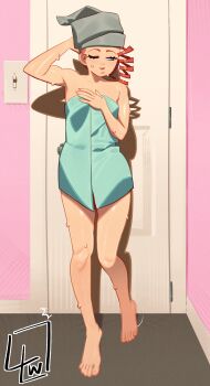 Rule 34 | 1girl, absurdres, arm up, armpits, artist logo, barefoot, breasts, censored, censored feet, closed mouth, collarbone, door, drill hair, feet, hand up, highres, indoors, l4wless, legs, logo, naked towel, one eye closed, orange hair, original, purple eyes, shadow, small breasts, solo, toenails, toes, towel, towel on head, wet