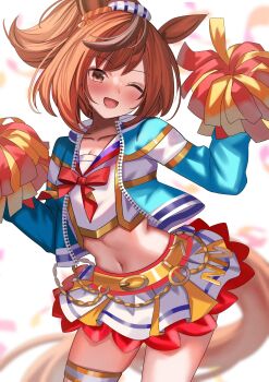 absurdres alternate_hairstyle ame_sagari animal_ears belt breasts brown_eyes brown_hair cleavage collarbone hair_between_eyes hair_ornament highres horse_ears horse_girl horse_tail jacket medium_hair midriff navel nice_nature_(umamusume) official_alternate_costume one_eye_closed open_mouth pom_pom_(cheerleading) ponytail simple_background tail thighs umamusume white_background