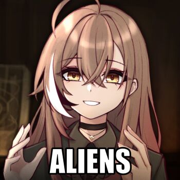 1girl :d ahoge alternate_costume ancient_aliens ao-chan_(ninomae_ina'nis) black_choker black_shirt black_suit brown_eyes brown_hair caption choker crossed_bangs fingernails formal_clothes grin highres hololive hololive_english jewelry long_hair m_r_b meme multicolored_hair nanashi_mumei necklace open_mouth scene_reference shirt smile streaked_hair suit virtual_youtuber