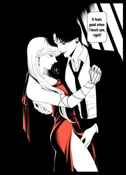 Rule 34 | 2boys, 63roku63, black hair, chrollo lucilfer, cross tattoo, crossdressing, crossdressing (mtf), facial mark, forehead mark, forehead tattoo, highres, hunter x hunter, kurapika, lips, male focus, monochrome, multiple boys, parted lips, short hair, tattoo, trap, upper body, yaoi