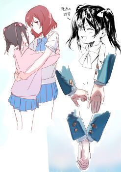 Rule 34 | 2girls, ;d, absurdres, arrow (symbol), blue jacket, blue skirt, blush, bow, cardigan, closed mouth, commentary request, cropped legs, grey sweater vest, hair bow, highres, holding hands, hug, inazuma (elect line), interlocked fingers, jacket, long sleeves, looking at another, love live!, love live! school idol project, medium hair, miniskirt, multiple girls, mutual hug, nishikino maki, one eye closed, open mouth, partially colored, pink bow, pink cardigan, pleated skirt, purple eyes, red hair, skirt, smile, summer uniform, sweater vest, translation request, twintails, v-shaped eyebrows, winter uniform, yazawa nico, yuri
