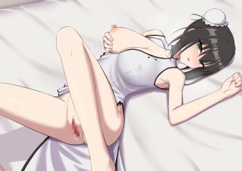 1girl absurdres bare_shoulders black_hair blush breasts bun_cover censored double_bun elfenlied22 fate/grand_order fate_(series) green_eyes green_ribbon hair_bun highres large_breasts looking_at_viewer medium_hair nipples one_breast_out open_mouth pussy qin_liangyu_(fate) ribbon solo thighs