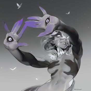 1girl akishycat artist_name black_sclera breasts bug butterfly character_request colored_sclera colored_skin completely_nude copyright_request fang gradient_background grey_background grey_hair hand_eye hand_shadow_covering_breasts_(meme) highres insect large_breasts looking_at_viewer medium_hair meme navel nude outstretched_arms pointy_ears purple_skin shadow shadow_censor solo teeth upper_body