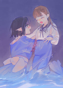 Rule 34 | 2girls, blue cardigan, blue kimono, breasts, brown hair, cardigan, collared shirt, commentary, contrast collar, cross-laced clothes, cross-laced sleeves, fangs, fins, fish girl, green eyes, head fins, highres, japanese clothes, kachimachi kosuzu, kachimachi kosuzu (summer casual), kemonomimi mode, kimono, link! like! love live!, long hair, long sleeves, looking at another, love live!, medium breasts, momose ginko, momose ginko (summer casual), multiple girls, obi, obijime, open mouth, partially submerged, pipi (m1x mix), rounded corners, sash, shirt, virtual youtuber, white shirt, yellow sash