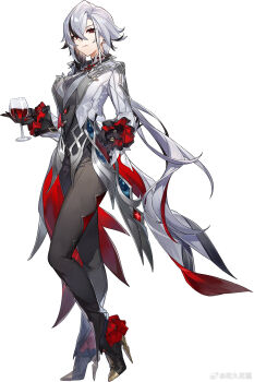1girl absurdres alcohol arlecchino_(genshin_impact) black_eyes black_hair closed_mouth cup drinking_glass duplicate full_body genshin_impact grey_hair hair_between_eyes high_heels highres hoyofair long_hair long_sleeves looking_at_viewer multicolored_hair red_pupils red_wine simple_background smile solo streaked_hair sylvia_(huajiuhuajiu) symbol-shaped_pupils two-tone_hair white_background wine wine_glass x-shaped_pupils