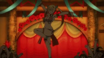 1girl 6+boys alternate_costume alternate_hairstyle animated animated_gif anime_screenshot anklet armlet ass barefoot belly_dancer belly_dancer_outfit blonde_hair bra bracelet breasts butt_crack closed_eyes curvy dancer dancing fairy_tail fairy_tail:_dragon_cry feet floral_print harem_outfit jewelry large_breasts leg_up loincloth long_hair long_twintails looking_at_viewer lots_of_jewelry lucy_heartfilia lucy_heartfilia_(bar_altair_dancer)_(fairy_tail) multiple_boys necklace official_alternate_costume official_alternate_hairstyle print_bra sidelocks smile standing standing_on_one_leg thick_thighs thighlet thighs twintails underwear wide_hips
